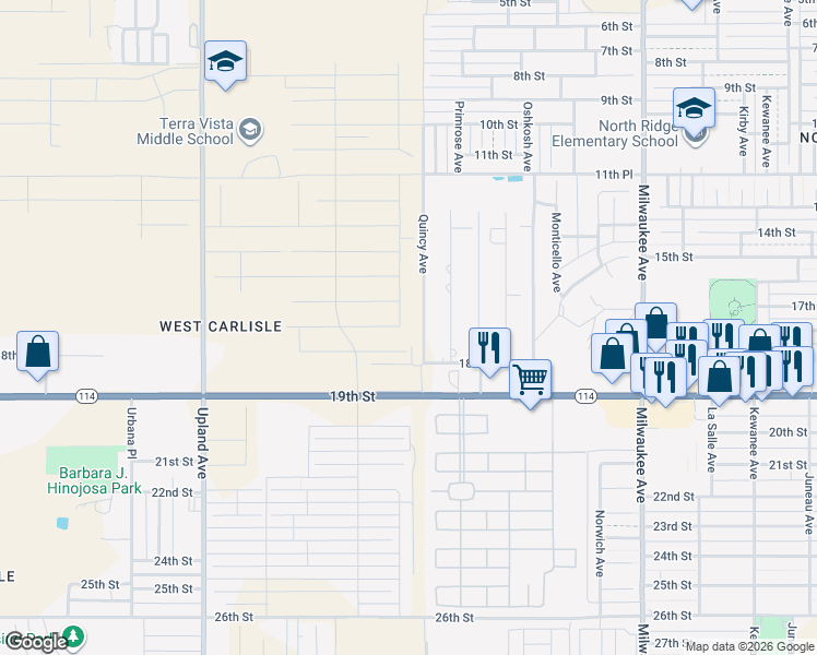 map of restaurants, bars, coffee shops, grocery stores, and more near Quincy Avenue in Lubbock