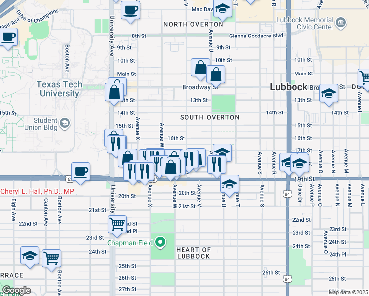 map of restaurants, bars, coffee shops, grocery stores, and more near 2202 17th Street in Lubbock