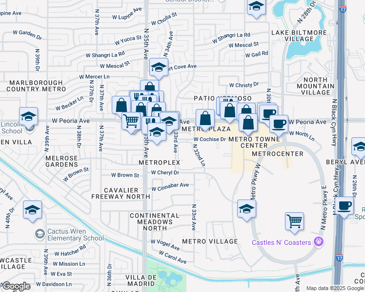 map of restaurants, bars, coffee shops, grocery stores, and more near 10401 North 33rd Avenue in Phoenix