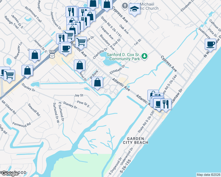 map of restaurants, bars, coffee shops, grocery stores, and more near 357 Lagoon Circle in Murrells Inlet