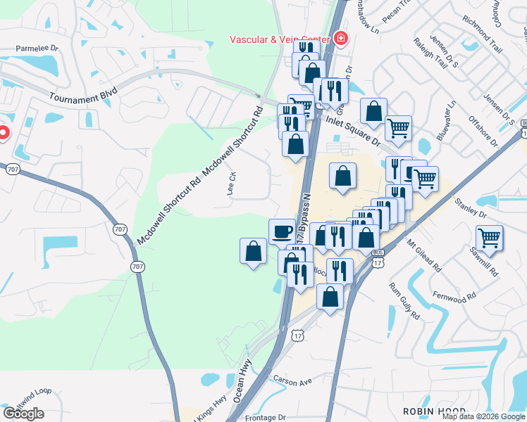map of restaurants, bars, coffee shops, grocery stores, and more near 11083 Lee Circle in Murrells Inlet