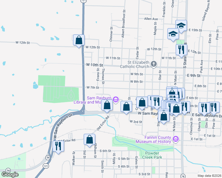 map of restaurants, bars, coffee shops, grocery stores, and more near 904 West 7th Street in Bonham