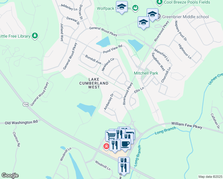 map of restaurants, bars, coffee shops, grocery stores, and more near 1804 Amberley Drive in Evans
