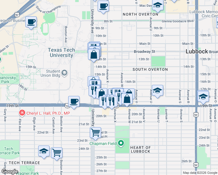 map of restaurants, bars, coffee shops, grocery stores, and more near 2319 16th Street in Lubbock