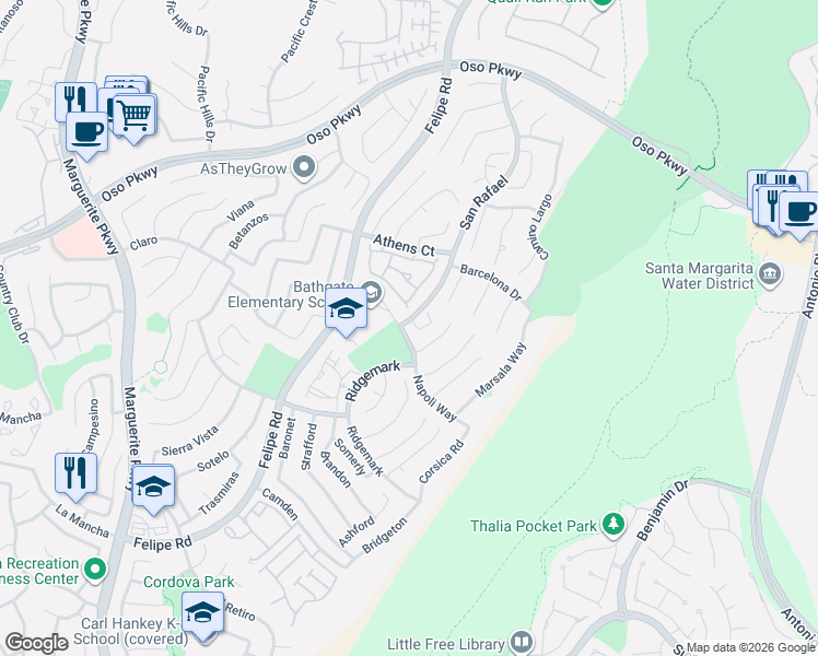 map of restaurants, bars, coffee shops, grocery stores, and more near 27771 San Pasqual Street in Mission Viejo