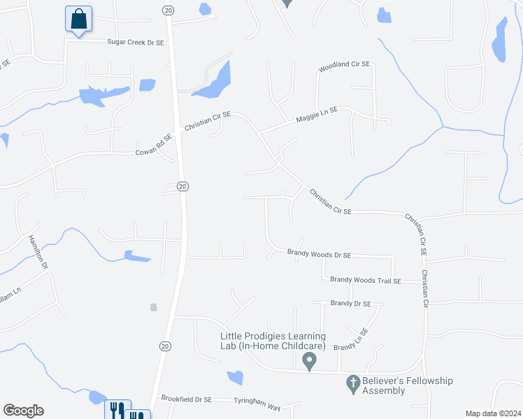 map of restaurants, bars, coffee shops, grocery stores, and more near 2117 Brandy Woods Drive Southeast in Conyers