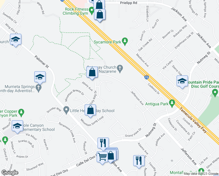 map of restaurants, bars, coffee shops, grocery stores, and more near 23394 Blue Gardenia Lane in Murrieta