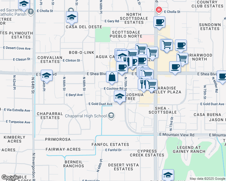 map of restaurants, bars, coffee shops, grocery stores, and more near 6945 East Cochise Road in Paradise Valley