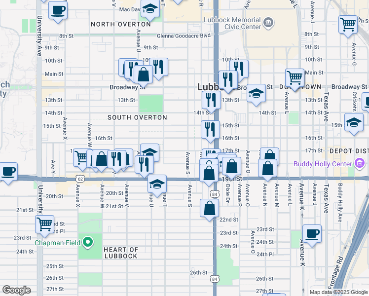 map of restaurants, bars, coffee shops, grocery stores, and more near 1904 17th Street in Lubbock