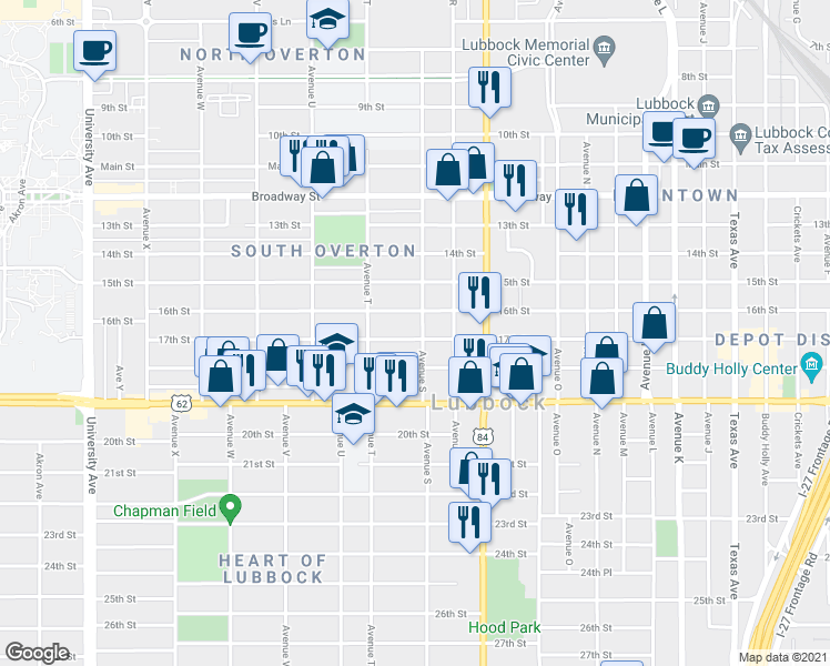 map of restaurants, bars, coffee shops, grocery stores, and more near 1603 Avenue S in Lubbock