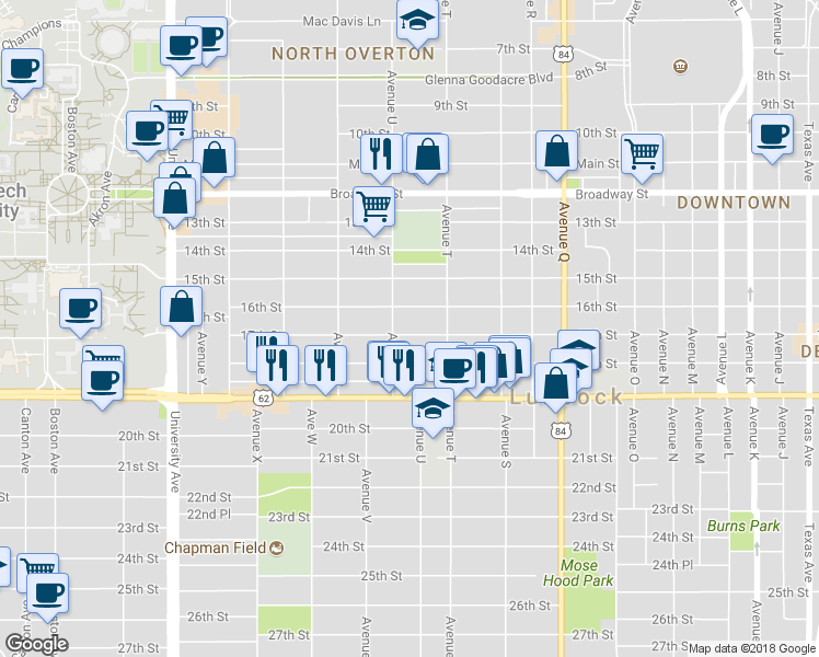 map of restaurants, bars, coffee shops, grocery stores, and more near 2101 16th Street in Lubbock