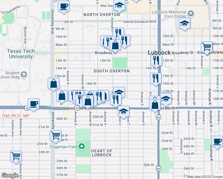 map of restaurants, bars, coffee shops, grocery stores, and more near 2101 16th Street in Lubbock