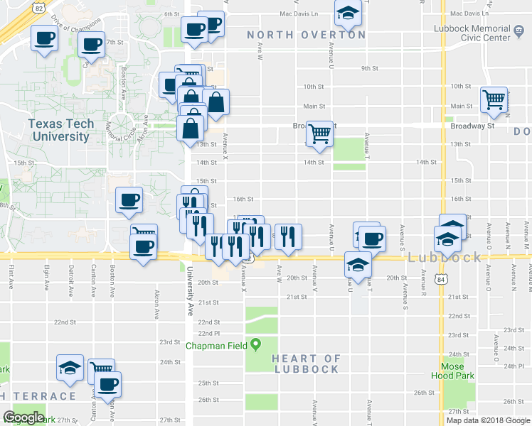 map of restaurants, bars, coffee shops, grocery stores, and more near 1604 Avenue W in Lubbock