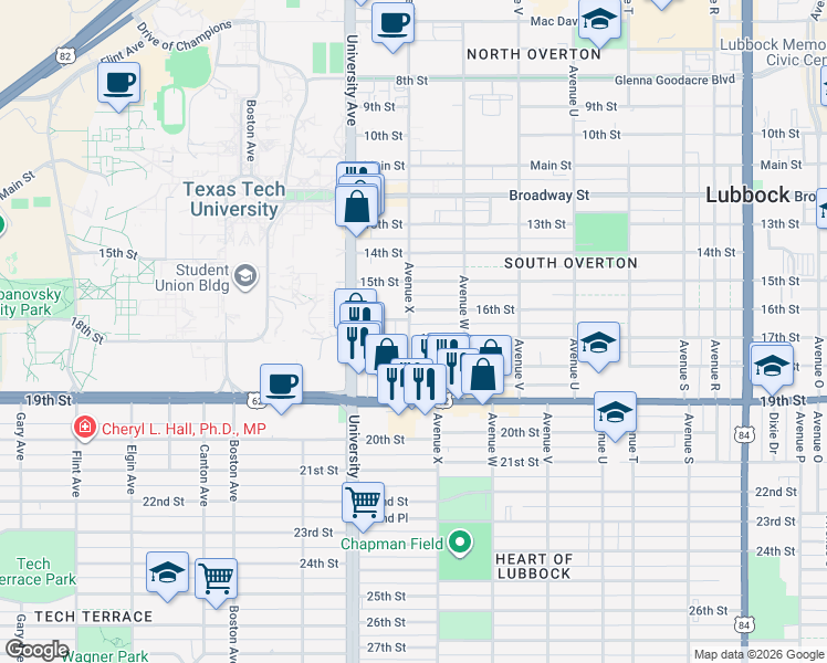 map of restaurants, bars, coffee shops, grocery stores, and more near 2319 16th Street in Lubbock