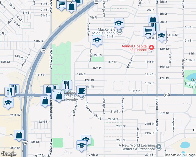 map of restaurants, bars, coffee shops, grocery stores, and more near 5513 17th Street in Lubbock