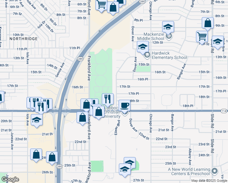 map of restaurants, bars, coffee shops, grocery stores, and more near 1628 Elkhart Avenue in Lubbock