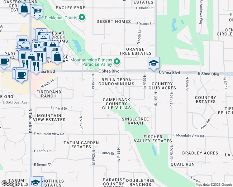 map of restaurants, bars, coffee shops, grocery stores, and more near 5335 East Shea Boulevard in Scottsdale