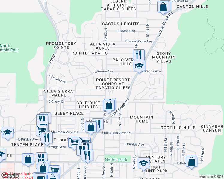 map of restaurants, bars, coffee shops, grocery stores, and more near 10255 North 12th Place in Phoenix