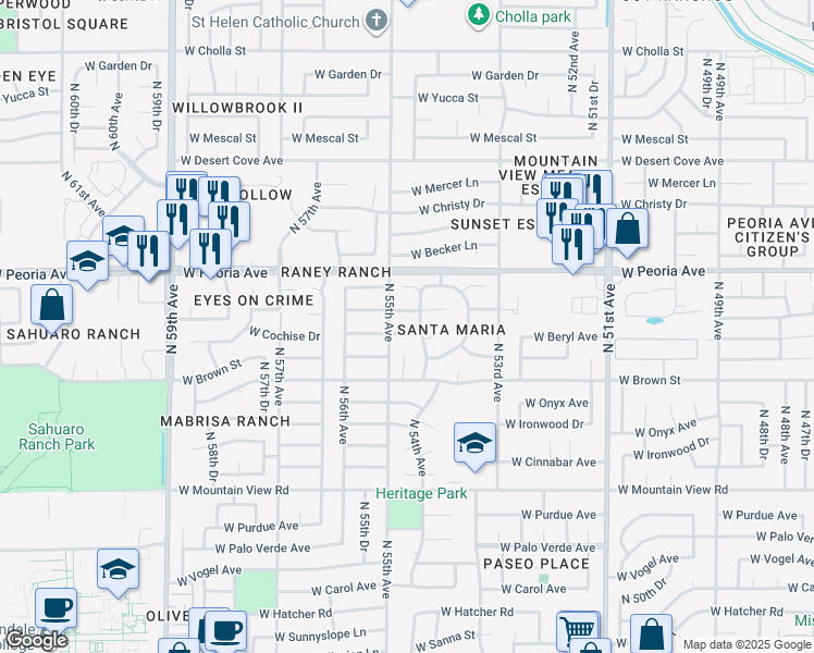map of restaurants, bars, coffee shops, grocery stores, and more near 5503 West Cochise Drive in Glendale