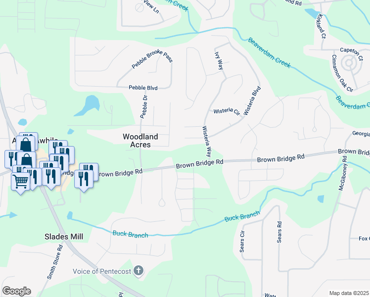 map of restaurants, bars, coffee shops, grocery stores, and more near 20 Wisteria Boulevard in Covington