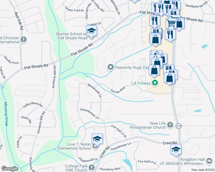 map of restaurants, bars, coffee shops, grocery stores, and more near 230 Amethyst Court in College Park
