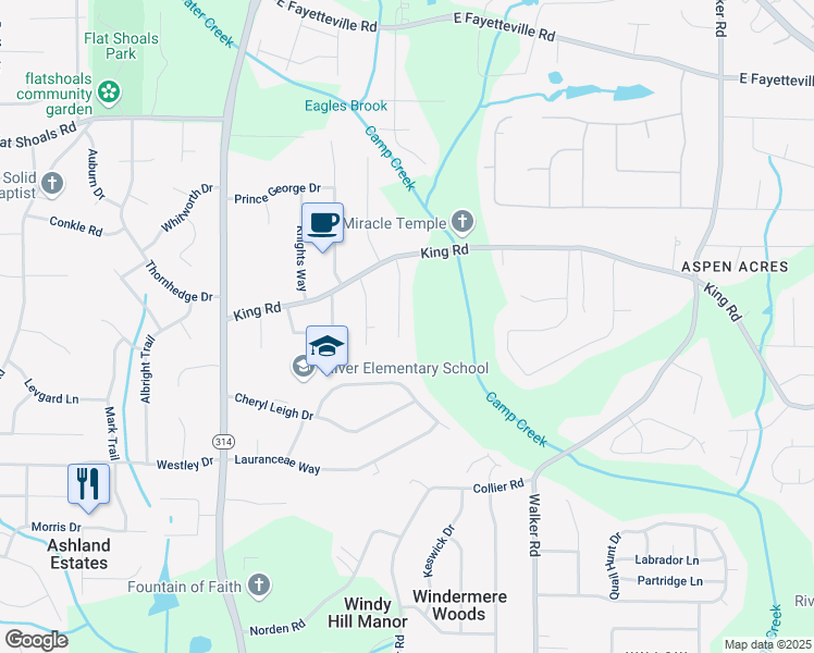 map of restaurants, bars, coffee shops, grocery stores, and more near 6418 Briarwood Court in Riverdale