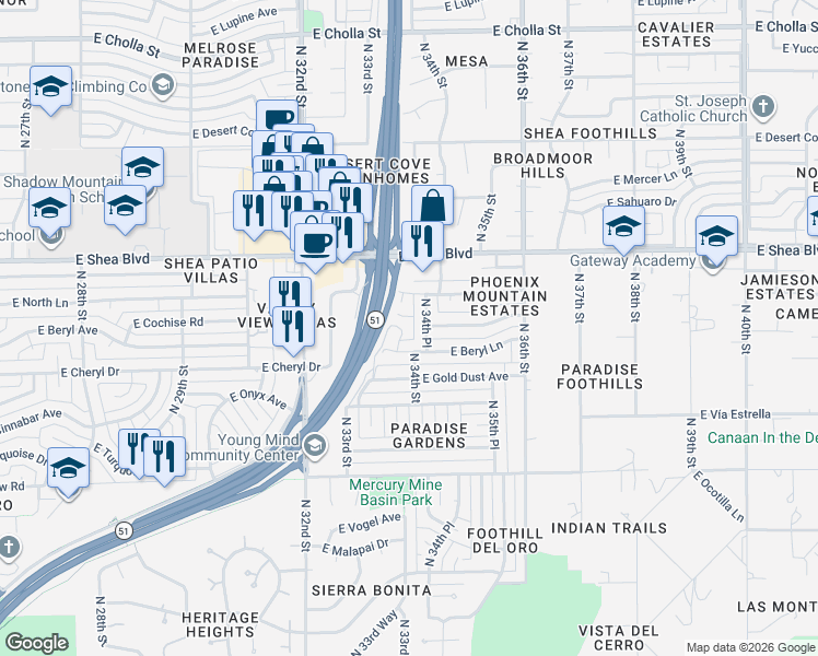 map of restaurants, bars, coffee shops, grocery stores, and more near 3328 East Cochise Road in Phoenix