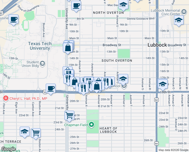 map of restaurants, bars, coffee shops, grocery stores, and more near 1604 Avenue W in Lubbock