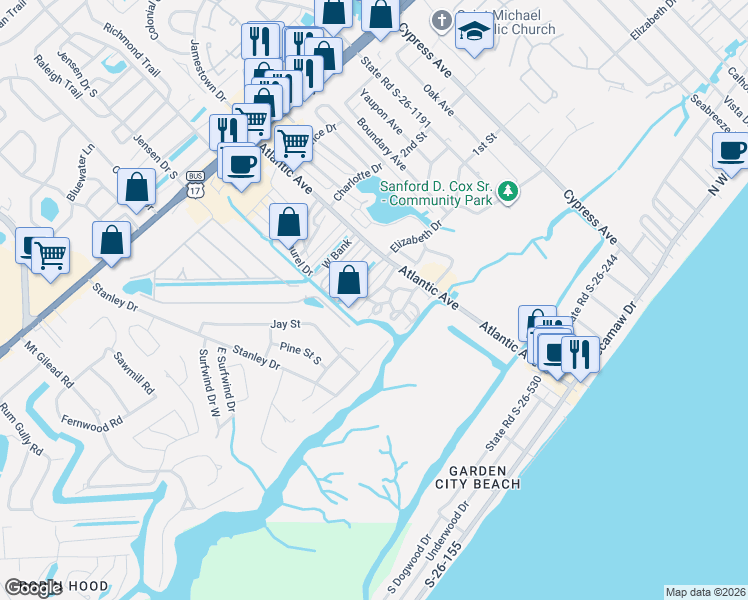 map of restaurants, bars, coffee shops, grocery stores, and more near 357 Lagoon Circle in Murrells Inlet