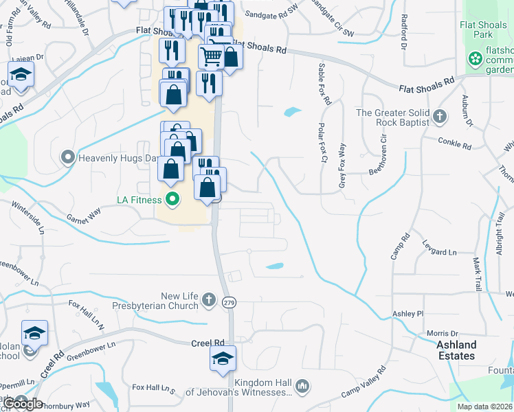 map of restaurants, bars, coffee shops, grocery stores, and more near 6368 Olmadison Place in Atlanta