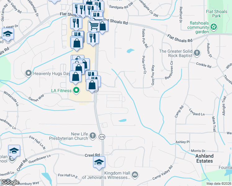map of restaurants, bars, coffee shops, grocery stores, and more near 6374 Olmadison Place in Atlanta