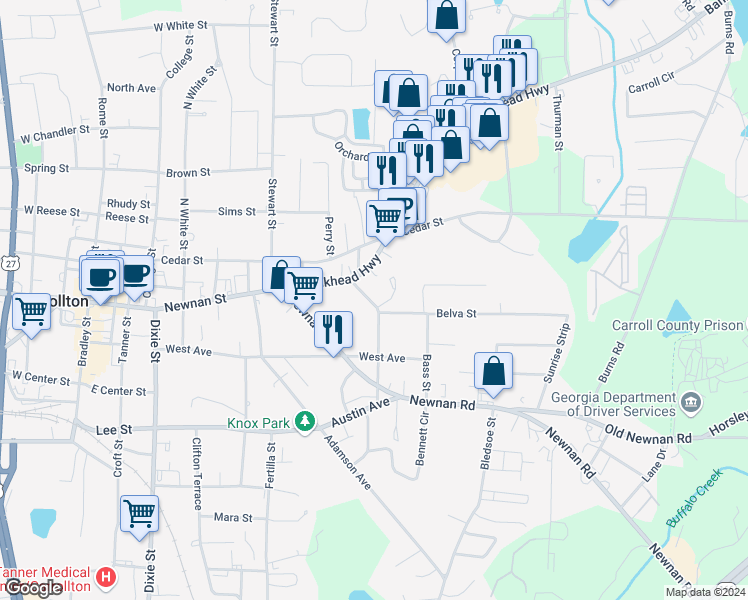 map of restaurants, bars, coffee shops, grocery stores, and more near 122 Mandeville Avenue in Carrollton