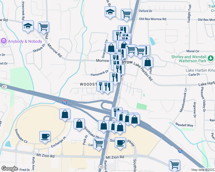 map of restaurants, bars, coffee shops, grocery stores, and more near 1483 John Robert Drive in Morrow