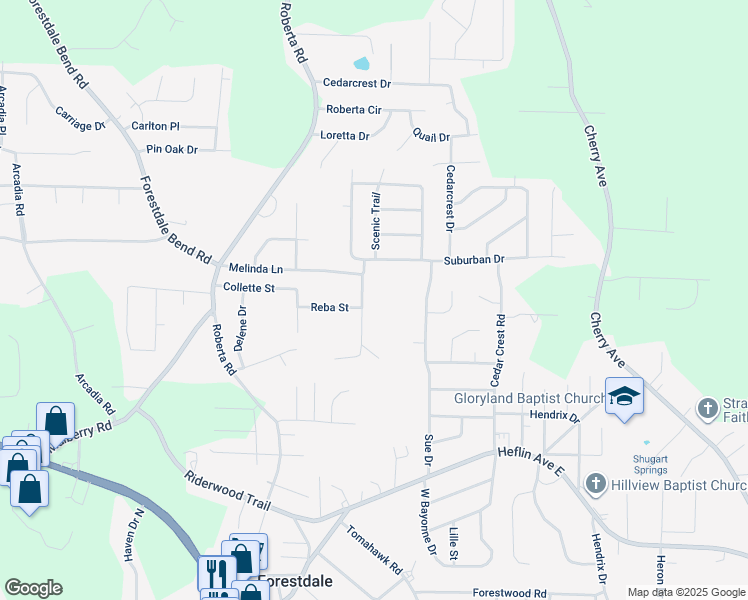 map of restaurants, bars, coffee shops, grocery stores, and more near 2053 Melinda Drive in Birmingham