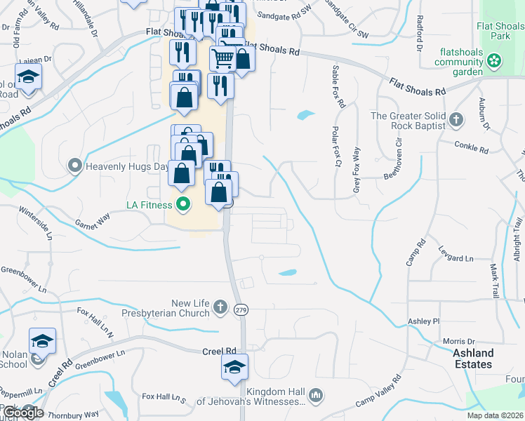 map of restaurants, bars, coffee shops, grocery stores, and more near 2372 Hackamore Drive in Atlanta