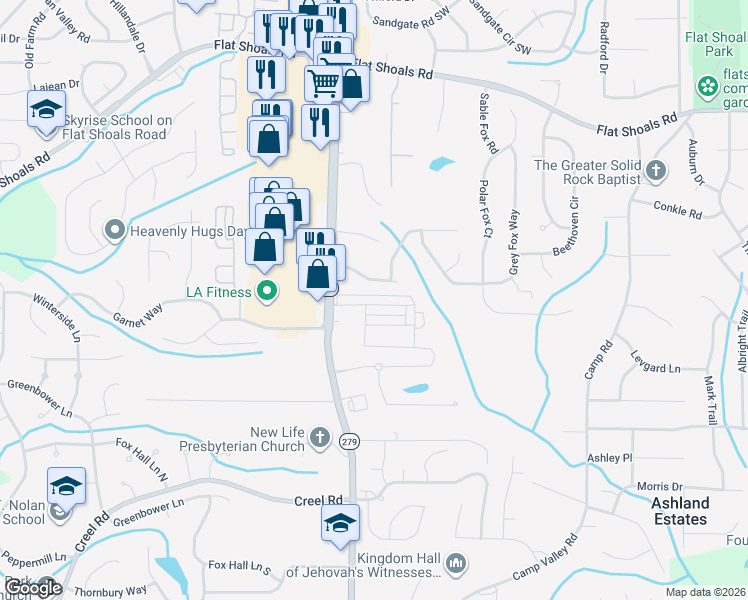 map of restaurants, bars, coffee shops, grocery stores, and more near 6346 Olmadison Place in Atlanta