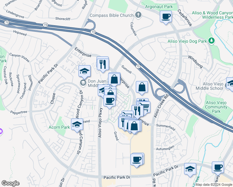 map of restaurants, bars, coffee shops, grocery stores, and more near 57 Beacon Way in Aliso Viejo