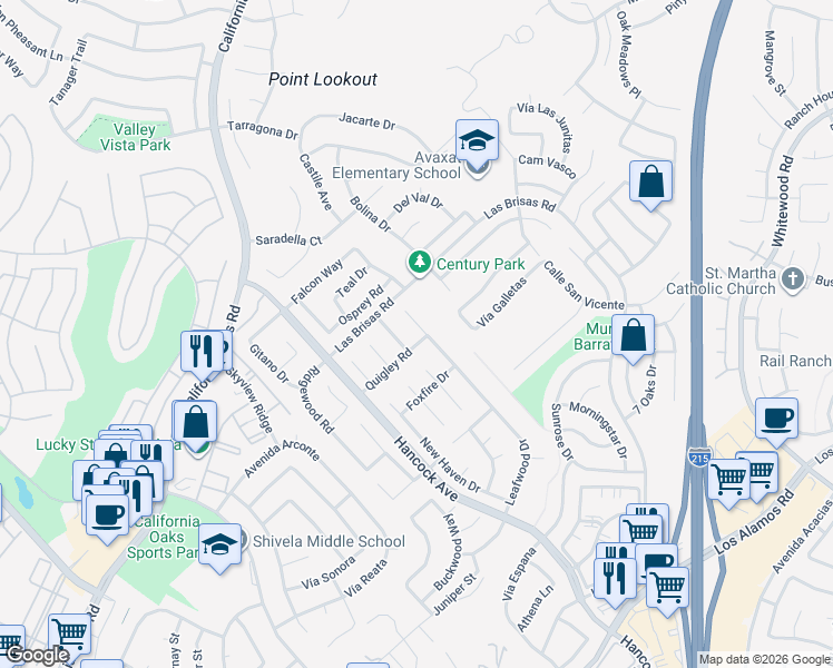 map of restaurants, bars, coffee shops, grocery stores, and more near 24433 Leafwood Drive in Murrieta