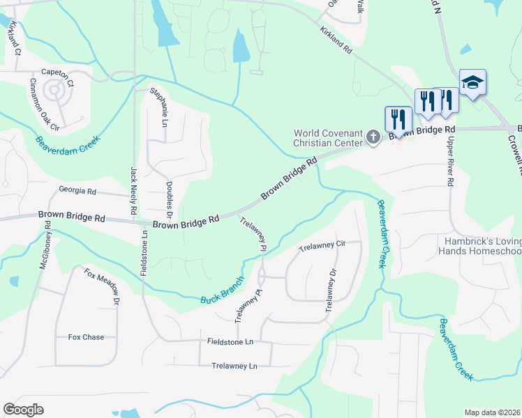map of restaurants, bars, coffee shops, grocery stores, and more near 11751 Brown Bridge Road in Covington
