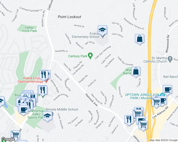 map of restaurants, bars, coffee shops, grocery stores, and more near 24445 Leafwood Drive in Murrieta