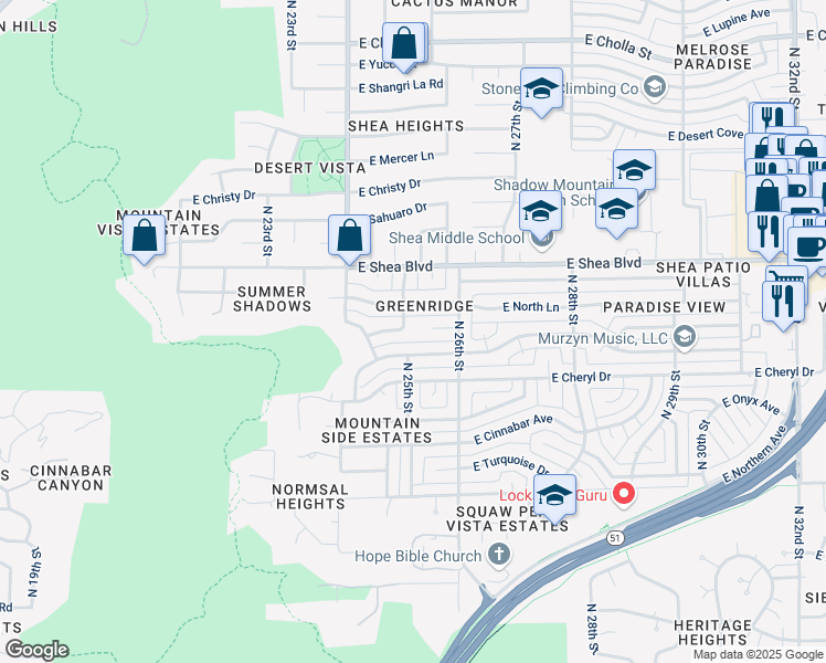 map of restaurants, bars, coffee shops, grocery stores, and more near 2516 East Cochise Road in Phoenix