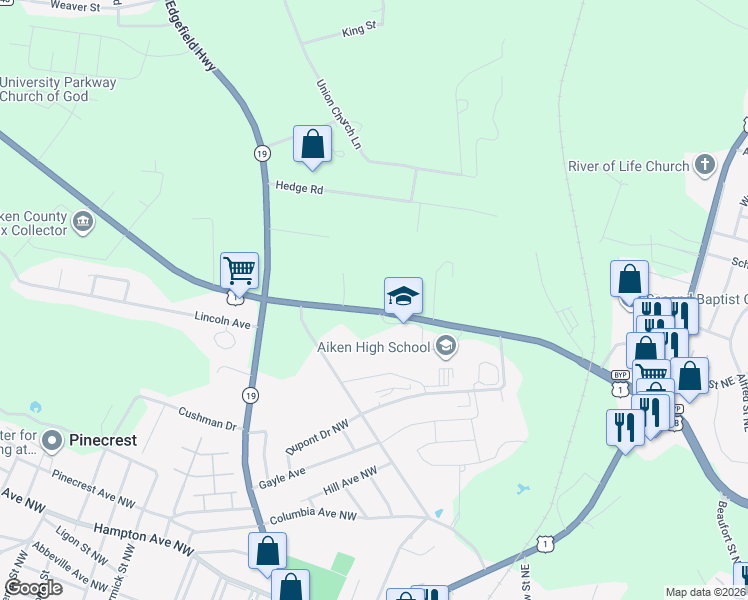 map of restaurants, bars, coffee shops, grocery stores, and more near 134-202 Rutland Drive in Aiken