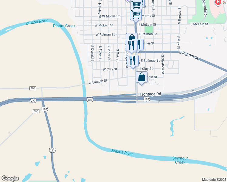map of restaurants, bars, coffee shops, grocery stores, and more near 805 South Cedar Street in Seymour
