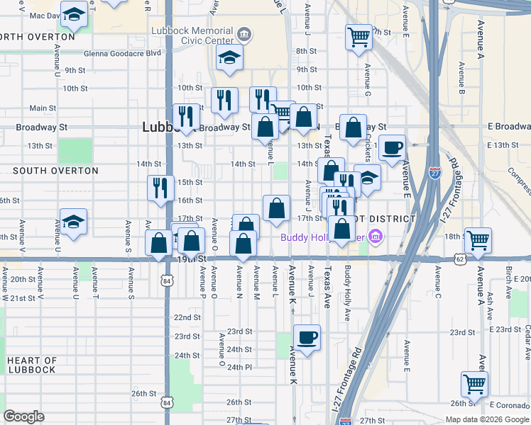 map of restaurants, bars, coffee shops, grocery stores, and more near 1611 Avenue M in Lubbock