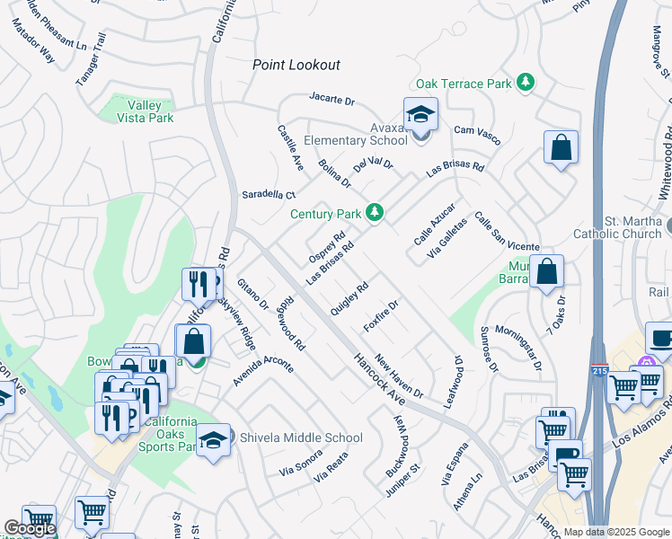 map of restaurants, bars, coffee shops, grocery stores, and more near 39998 Las Brisas Road in Murrieta