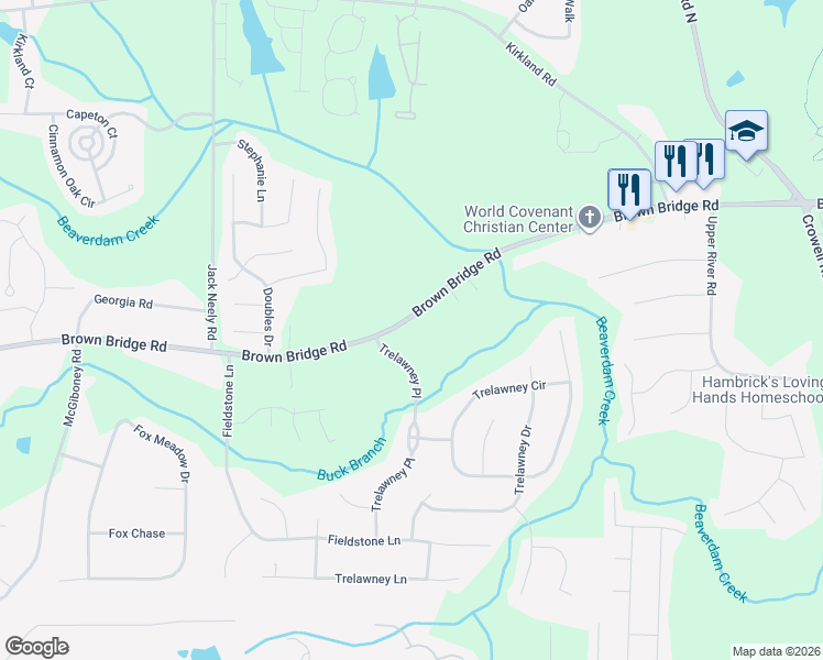 map of restaurants, bars, coffee shops, grocery stores, and more near 11741 Brown Bridge Road in Covington