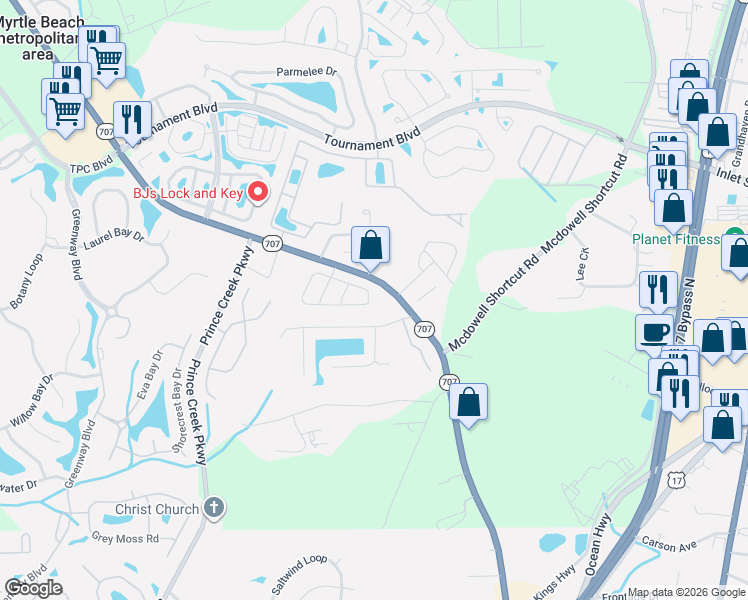 map of restaurants, bars, coffee shops, grocery stores, and more near 9565 Sullivan Drive in Murrells Inlet