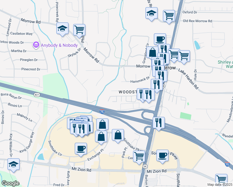 map of restaurants, bars, coffee shops, grocery stores, and more near 1341 John Robert Drive in Morrow
