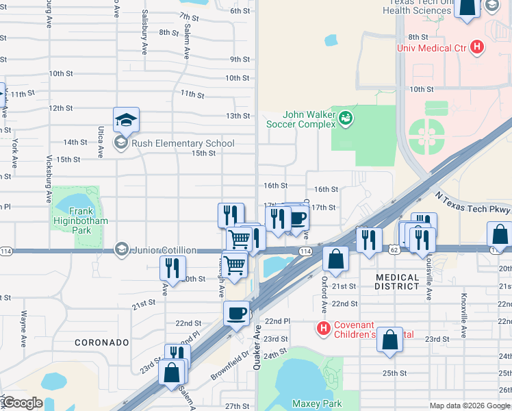 map of restaurants, bars, coffee shops, grocery stores, and more near Quaker Ave & 17th St in Lubbock