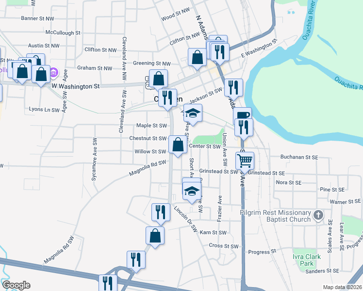 map of restaurants, bars, coffee shops, grocery stores, and more near 286 Ouachita Avenue Southwest in Camden